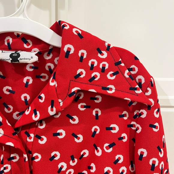 Vintage Long Sleeved Bright Red Polyester Patterned Blouse - Picture 2 of 5